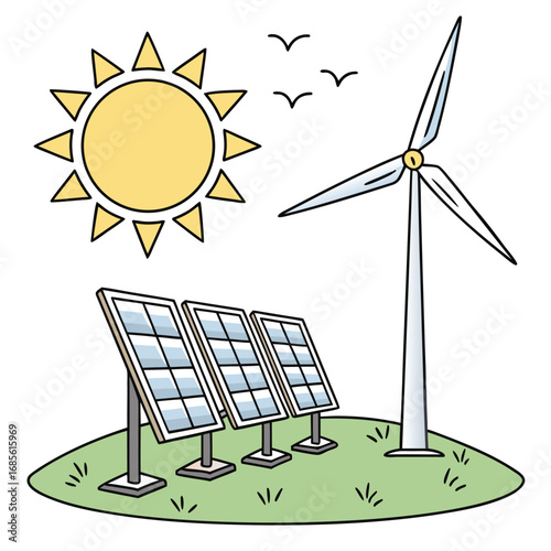 Cartoon sun shines near solar panels and wind turbine on a green hill