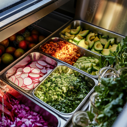 Open fridge drawer inside a food truck kitchen with colorful prepped ingredients in metal trays avocado, sliced radish, chopped herbs, and sauces neatly organized cool daylight 