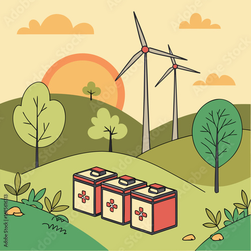 Solar batteries stand near wind turbines on a green hillside under a calm sunset