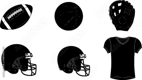 Illustration of sports equipment including a football, basketball, helmet, glove, and jersey design | editable eps vectors silhouette
