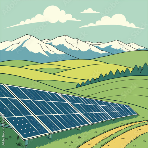 Solar panel array sits peacefully within idyllic landscape featuring rolling hills and snow capped mountains