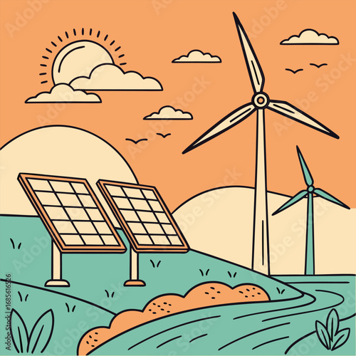 Solar panels and windmills sit beneath a partly cloudy sun on a vibrant landscape
