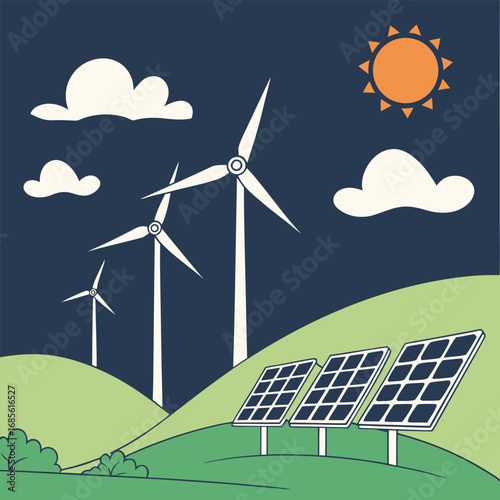 Solar panels and windmills stand on the green hills beneath a sunny and cloudy sky