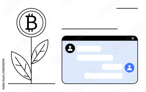 Bitcoin plant symbolizing cryptocurrency growth, chat window with user avatars for digital communication. Ideal for cryptocurrency, fintech, investment, blockchain, messaging, networking, simple
