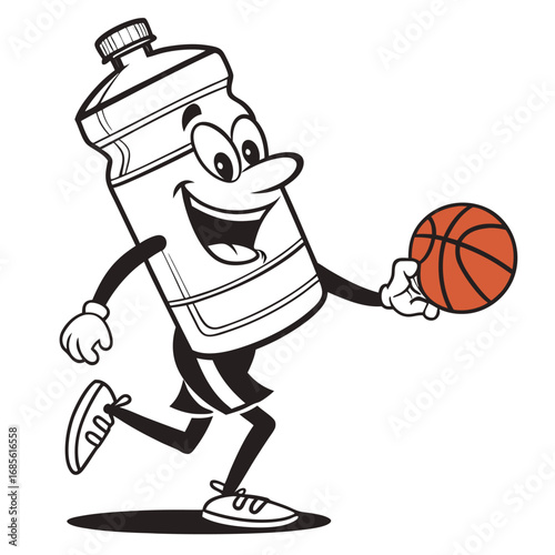 Cartoon water bottle character running while dribbling a basketball in a black and white illustration vector illustration