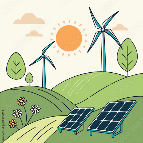 Sunny meadow features solar panels, wind turbines, and lovely flowers in a field