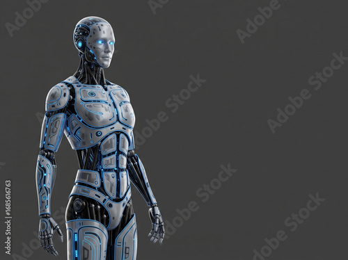 Intelligence artificielle futuriste avec visage robotique et code binaire