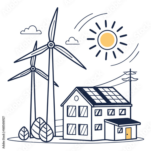 Two wind turbines stand near a solar paneled home beneath a shining sun