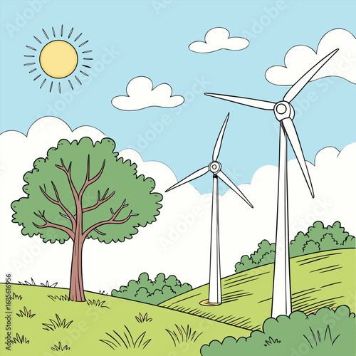 Two white wind turbines sit on a green hill under a sunny blue sky