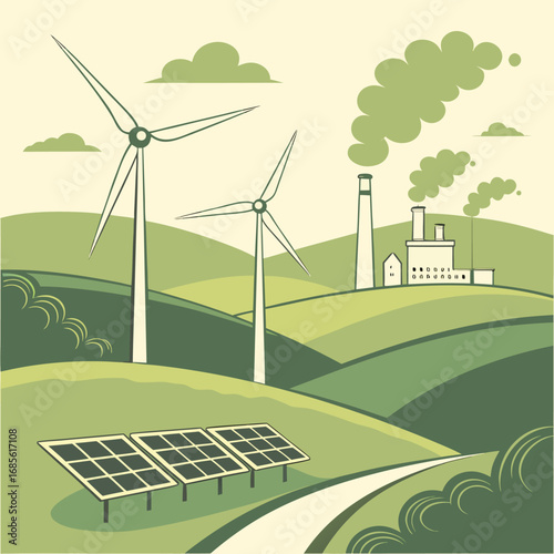 Wind turbines and solar panels coexist in harmonious green energy landscape with factory