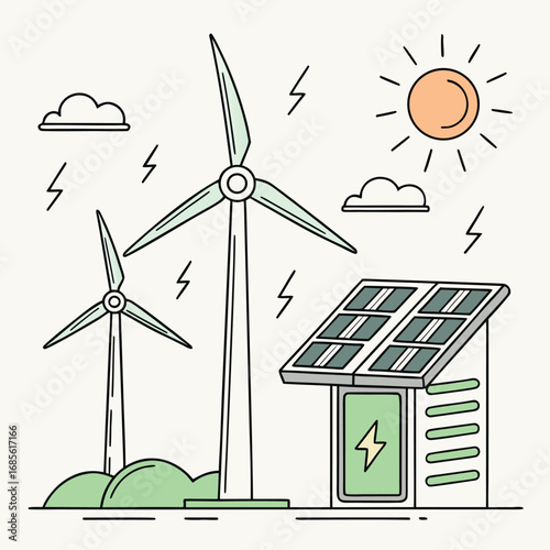 Wind turbines and solar panels offer renewable energy beneath sun with clouds in view