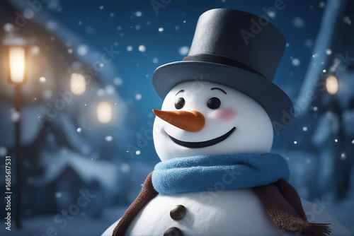 A cheerful snowman smiling on a snowy night, set against a dark blue backdrop. Generative AI