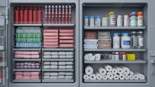 a sterilized hospital storage cabinet filled with neatly arranged syringes bandages and medical supplies