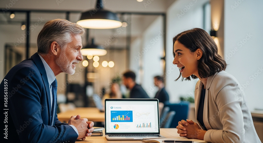 Fototapeta premium High-detail portrait of a 70-year-old businessman and a 25-year-old female startup founder discussing ideas on a laptop in a modern coworking space.