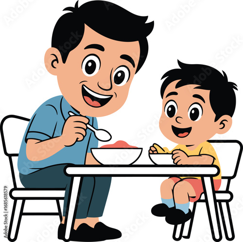 Cartoon Father and Son Eating Together Vector Illustration Family Mealtime Bonding