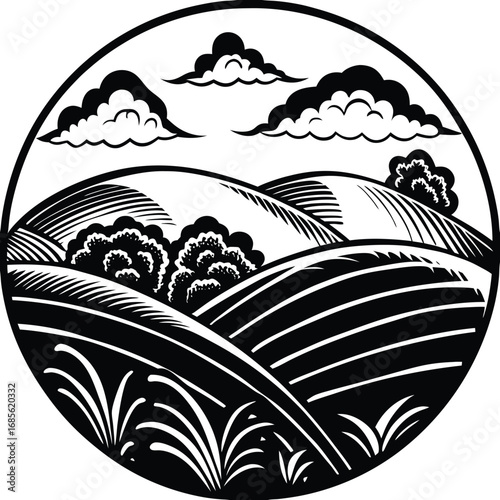 Rolling Hills Landscape: A monochrome illustration of a tranquil countryside scene features rolling hills and soft, fluffy clouds, evoking a sense of peace and serenity.