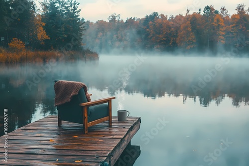 Fototapeta Naklejka Na Ścianę i Meble -  Peaceful autumn morning solitude a cozy chair on a misty lake dock with warm golden light and a steaming mug