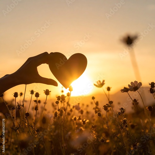 Silhouette heart held at sunset over flowers