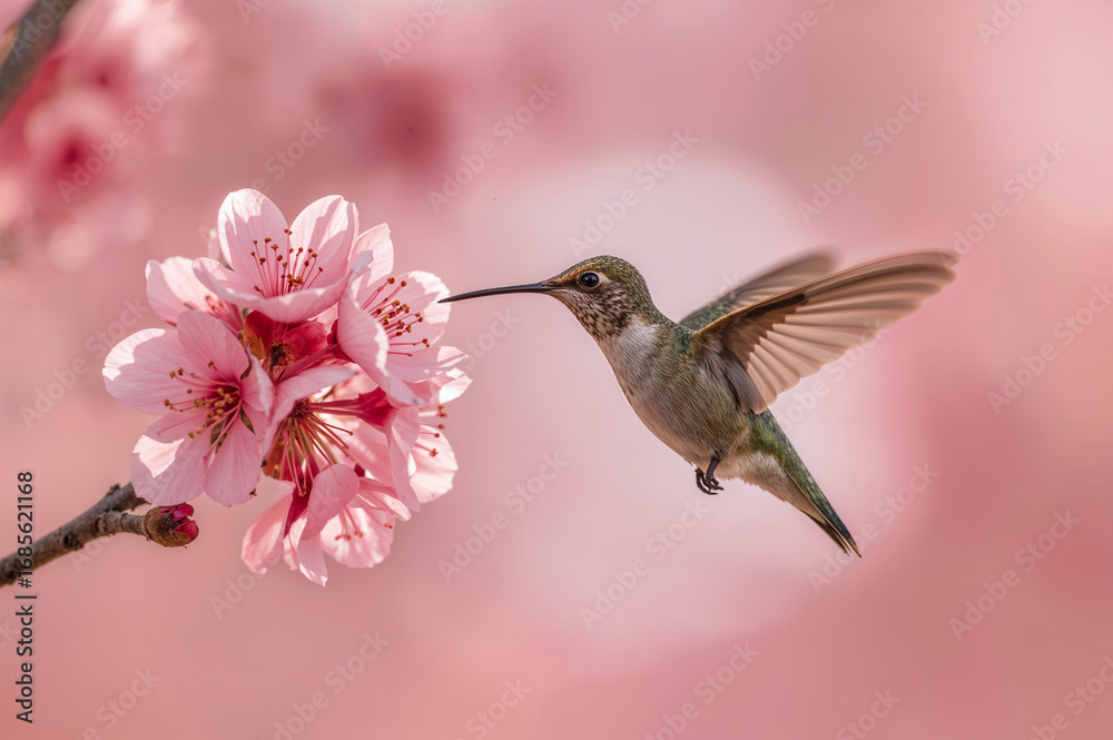 Fototapeta premium Hummingbird nectar gathering macro photograph delicate pink blossom spring aerial action