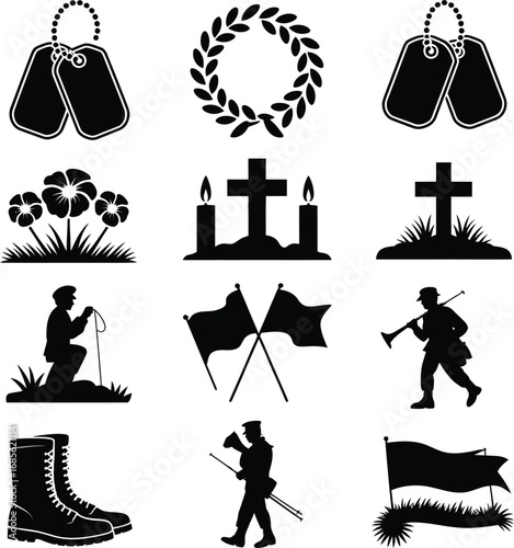 Military Memorial Icons Silhouette Collection With Dog Tags Wreath Crosses remembrance