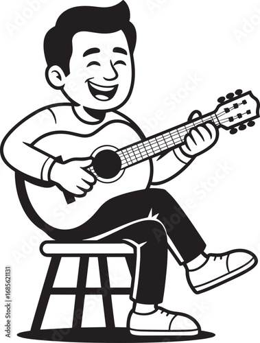 Cartoon Man Playing Acoustic Guitar Sitting on Stool Enjoying Musical Performance