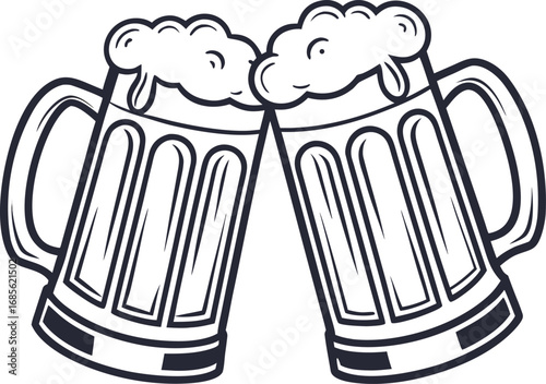 Two beer mugs toasting with frothy beer