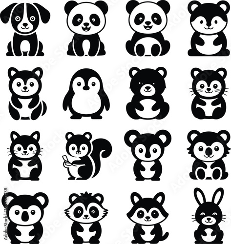 Set of sixteen black cartoon animal icons on a white background silhouette cute