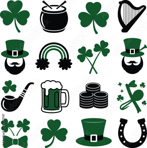 Saint Patrick's Day Icons with Shamrocks and Beer Keywords: Saint Patrick's Day, shamrock