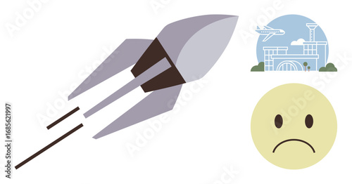Rocket launching diagonally, sad face expressing disappointment, airport terminal with airplane. Ideal for travel delays, missed opportunities, innovation struggles, goals, challenges