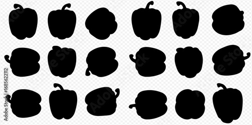 A collection of black bell pepper silhouettes with various shapes and orientations on a transparent background.