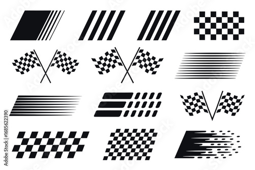 Racing Graphics Vector Set – Includes Checkered Flags, Speed Stripes, and Finish Line Patterns for Car Decals, Motorsport Banners, and High-Energy Auto Design Elements