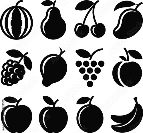 Twelve Black Fruit Icons with Leaves and Stems on White Background silhouette apple