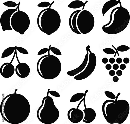 Twelve Black Fruit Icons with Stems and Leaves on White Background silhouette apple