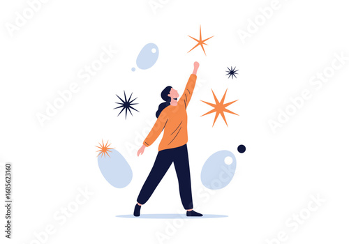 Person reaching for stars and balloons symbolizing dreams and aspirations