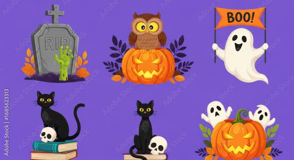 Naklejka premium Collection of halloween icons including a tombstone, ghost, owl, black cats, and pumpkins
