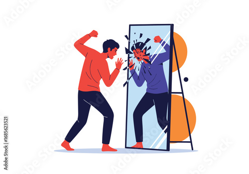 Man breaking mirror during emotional outburst confronting his reflection