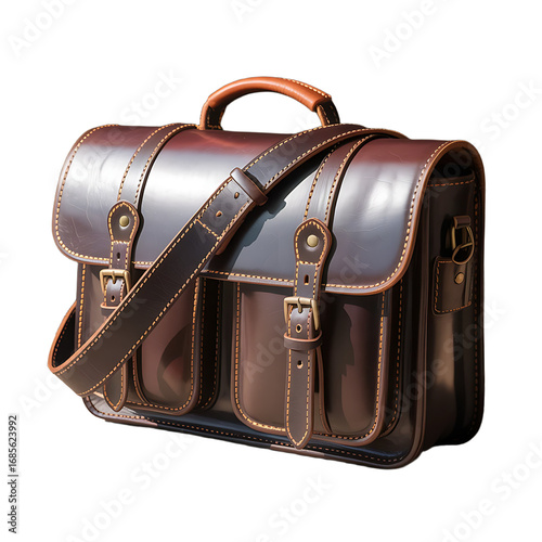 Vintage brown leather satchel bag with adjustable strap and buckles isolated on transparent background
