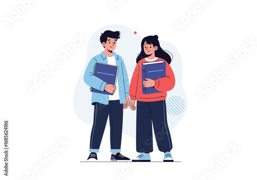 Young students holding books and talking together during study break