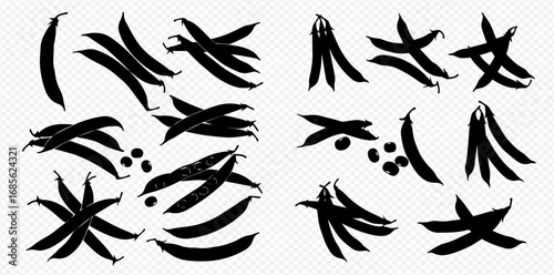 Black silhouette illustrations of fresh pea pods and scattered peas in various arrangements, isolated on a transparent background.