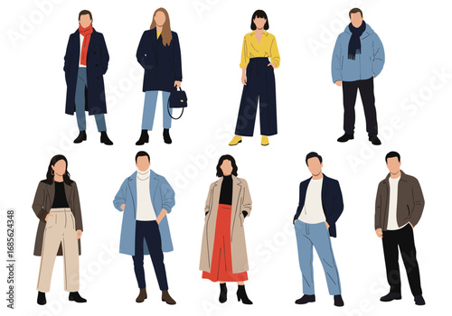 Modern collection of stylish individuals dressed in casual winter outfits for outdoor activities