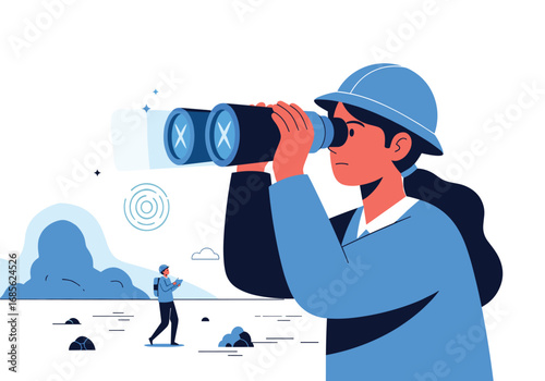 A person wearing a blue hat and jacket looking through binoculars