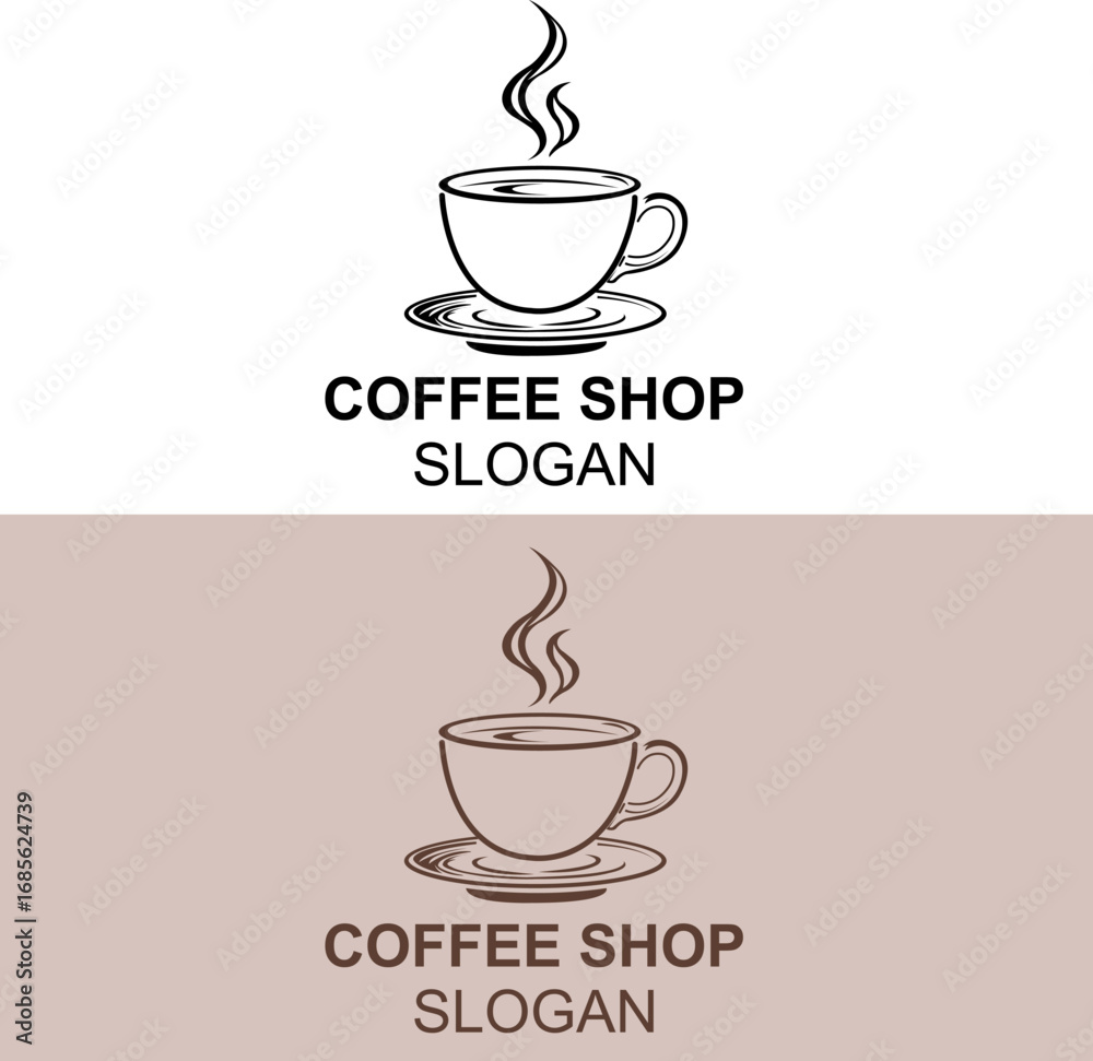 Fototapeta premium Coffee shop logo and cup of coffee with steam cafe logo