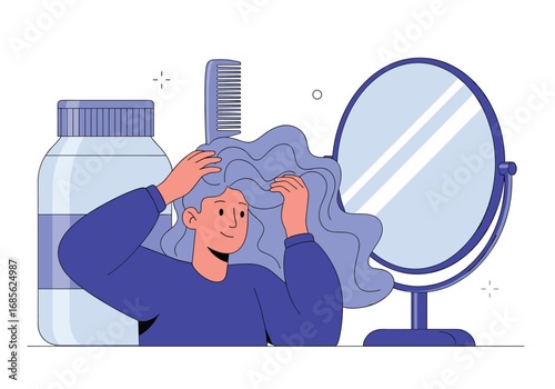 Woman styling her long curly hair in front of a mirror with accessories