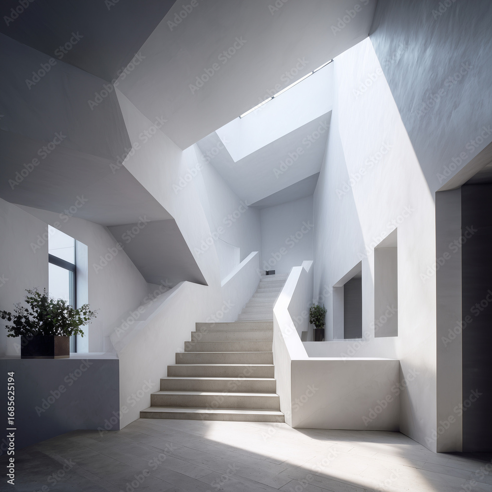 Obraz premium Minimalist architectural staircase with clean geometry and natural light; abstract interior detail for design projects.