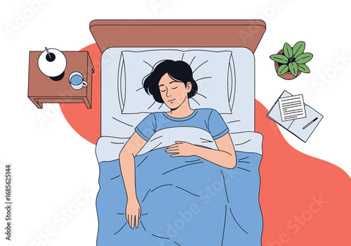 Young person sleeping peacefully in bed under blue blanket next to nightstand and plant