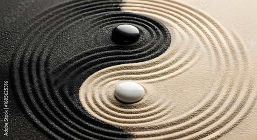 Zen garden with yin yang symbol in sand, promoting peace and equilibrium in life