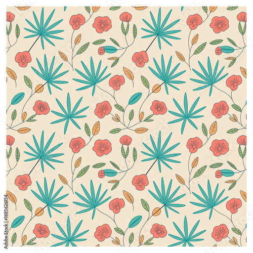 Floral Bliss" is a vibrant and whimsical seamless pattern featuring a harmonious mix of bold teal leaves and delicate pink flowers. The soft, cream background enhances the cheerful design, making it.