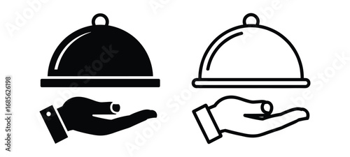 Hand Holding Food Cloche Icon Set Black and White Outline Vector Keywords: hand, holding, food, cloche, dish, cover, serving