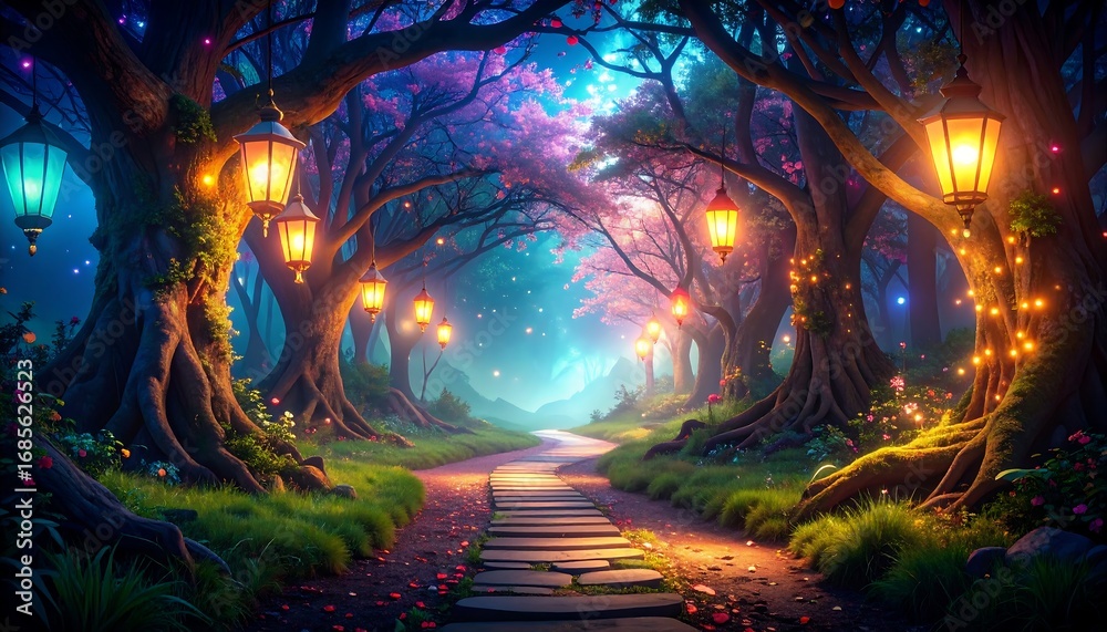 Obraz premium Magical, glowing path through a vibrant, enchanted forest at night