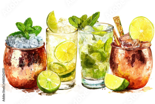 Moscow Mule, Mint Julep, Caipirinha, Gin Rickey cocktail PNG set bundle, transparent isolated background. Mixology, bar menu cocktails, colorful vibrant refreshing drink with garnish